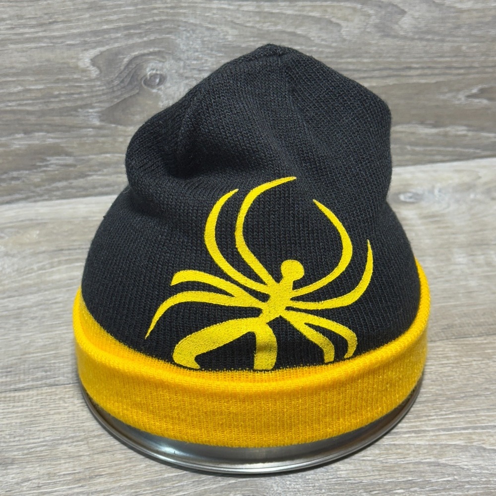 Spider Beanie Hat Black Yellow Knit Cuffed Winter Cap One Size Adult Ski Snowboa